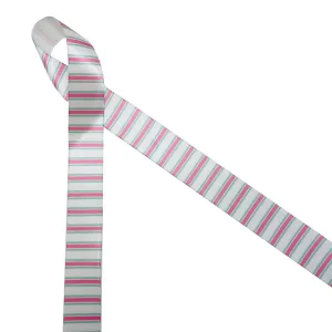 Stripes pink and sage printed on 7/8" white satin