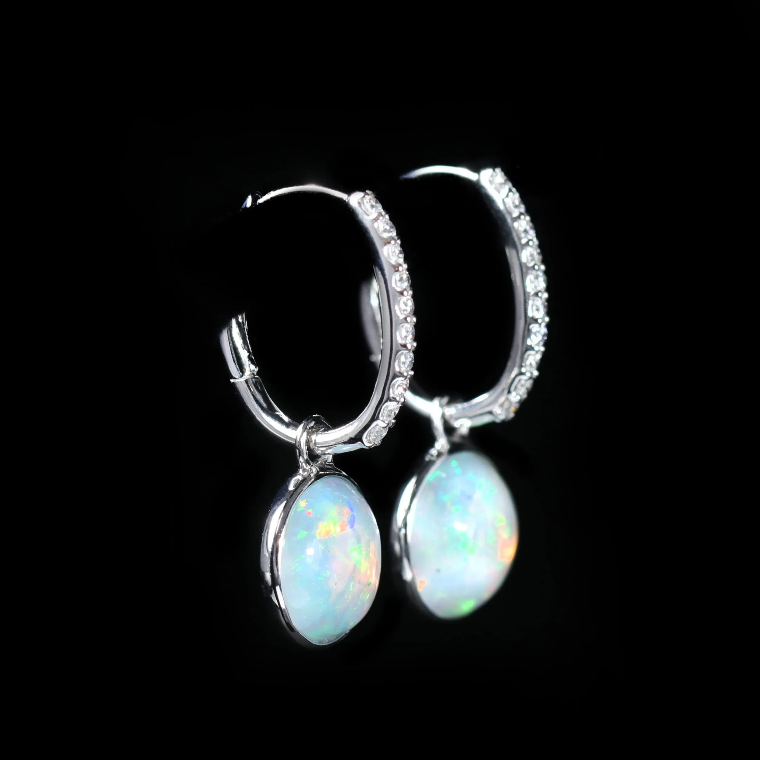 14K White Gold 2.77 CTW Opal and Diamond Dangle Earrings