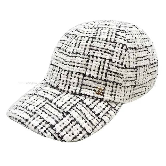 2023 AW CHANEL cap Baseball Coco Mark Tweed  Blanc (White) Cotton/Polyester/Acrylic/Wool/Nylon Champagne Gold HW AA9468[EXCELLENT][Authentic]