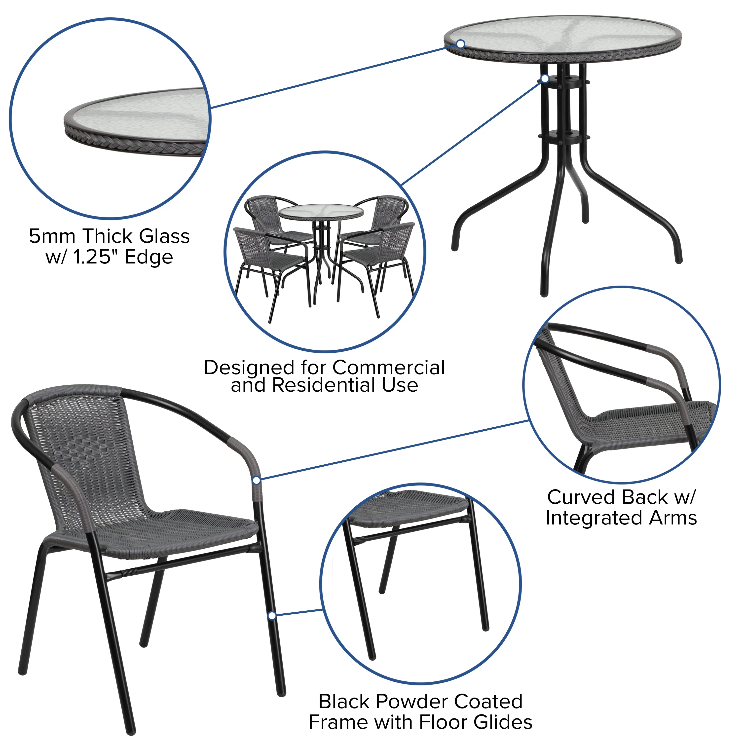 28RD Gray Table Set w/Rattan TLH-087RD-037GY4-GG