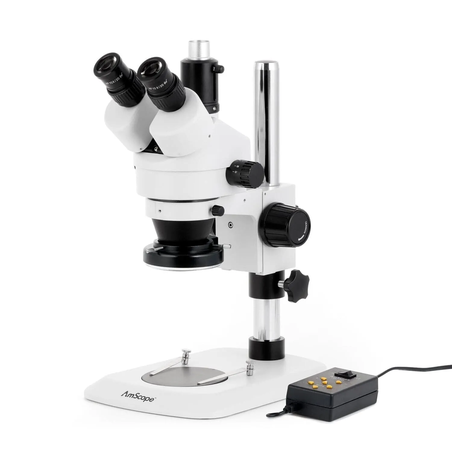 AmScope SM-1 Series Industrial Inspection Zoom Trinocular Stereo Microscope 3.5X-90X Magnification with Multi-Zone 144 LED on Pillar Stand with Small Base