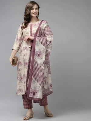 Beige Floral Printed Dupatta Set