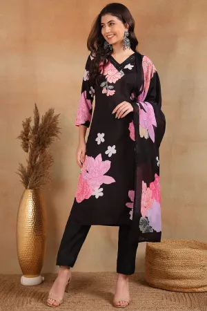 Black Cotton Blend Floral Printed Straight Trouser Suit Set