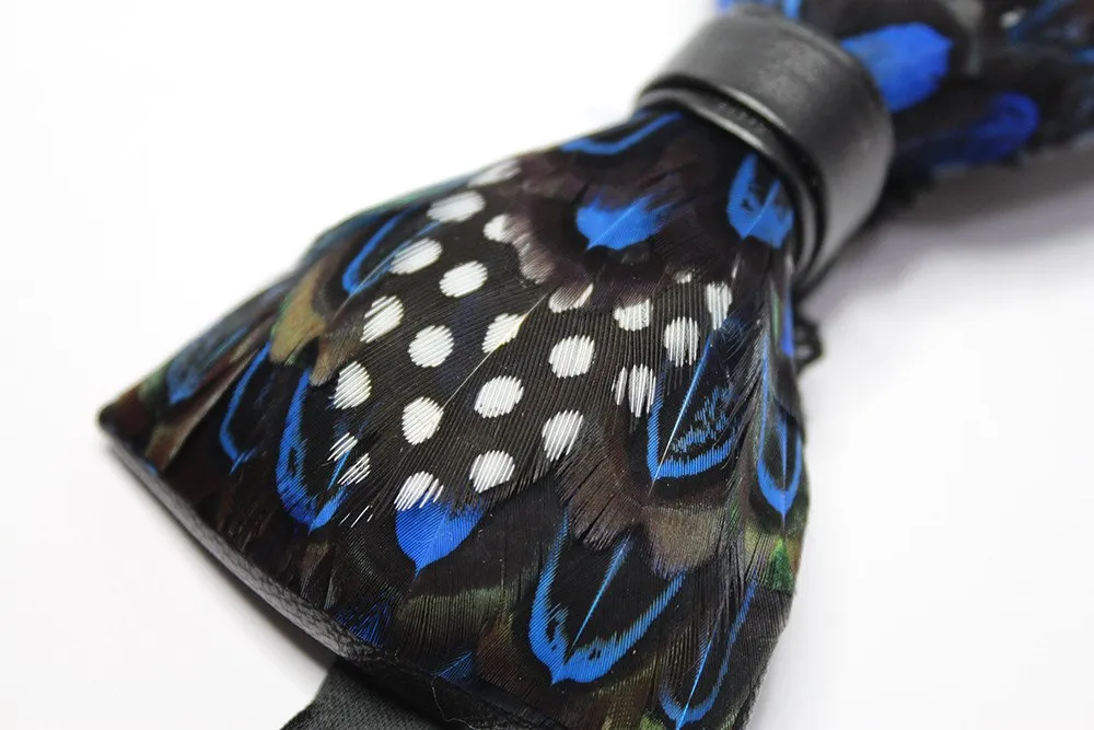 Blue Polka Dot Feather Bow Tie