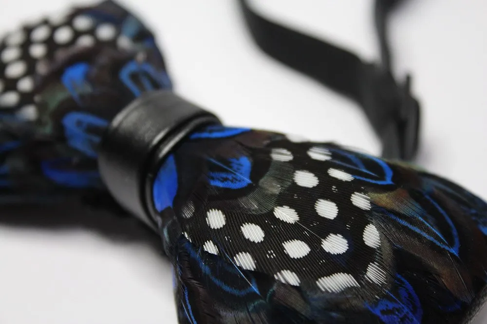 Blue Polka Dot Feather Bow Tie