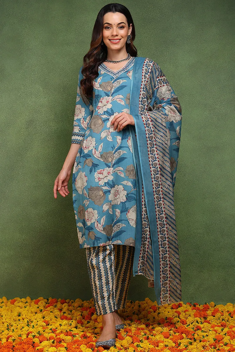 Blue Pure Cotton Floral Printed Straight Suit Set