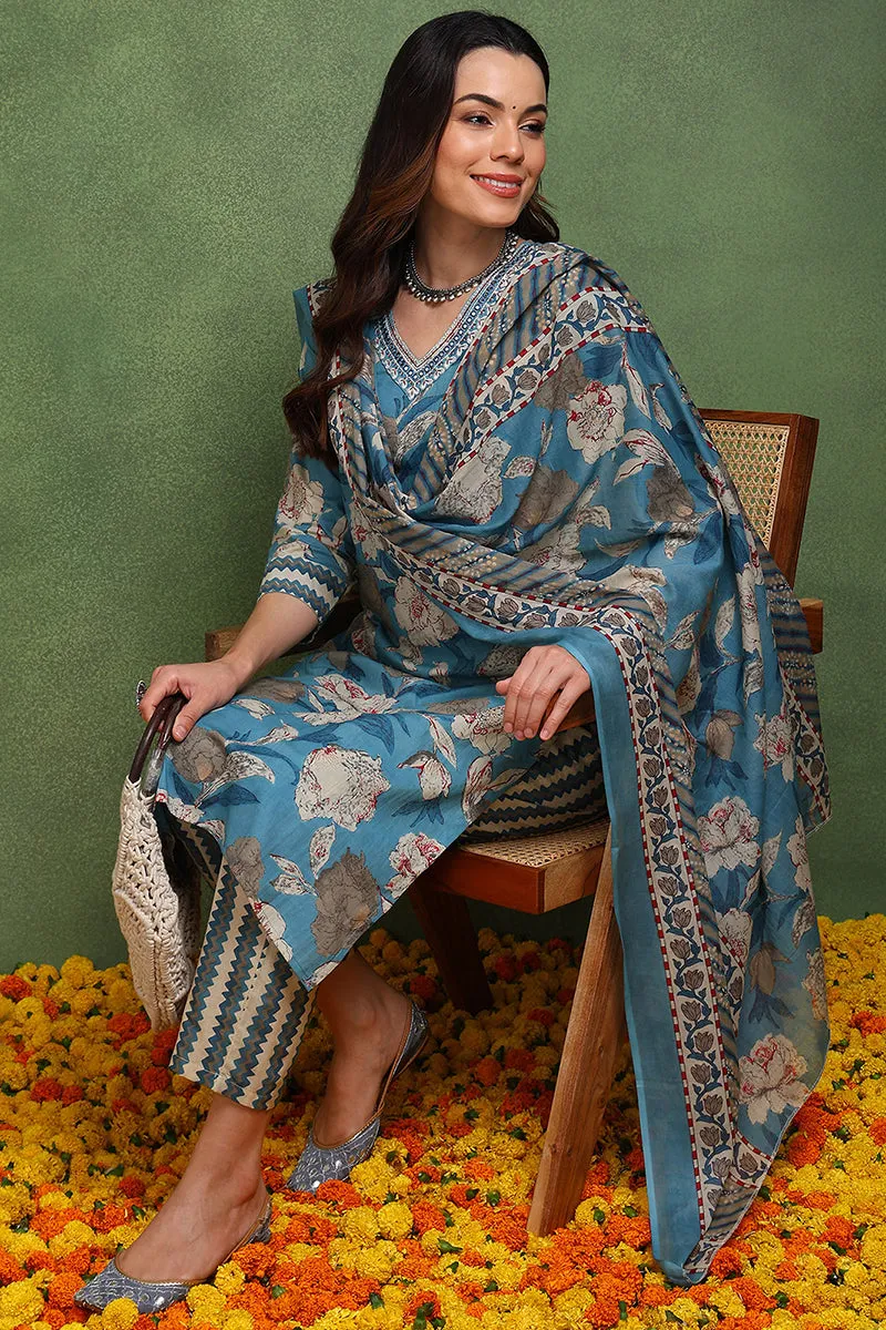 Blue Pure Cotton Floral Printed Straight Suit Set