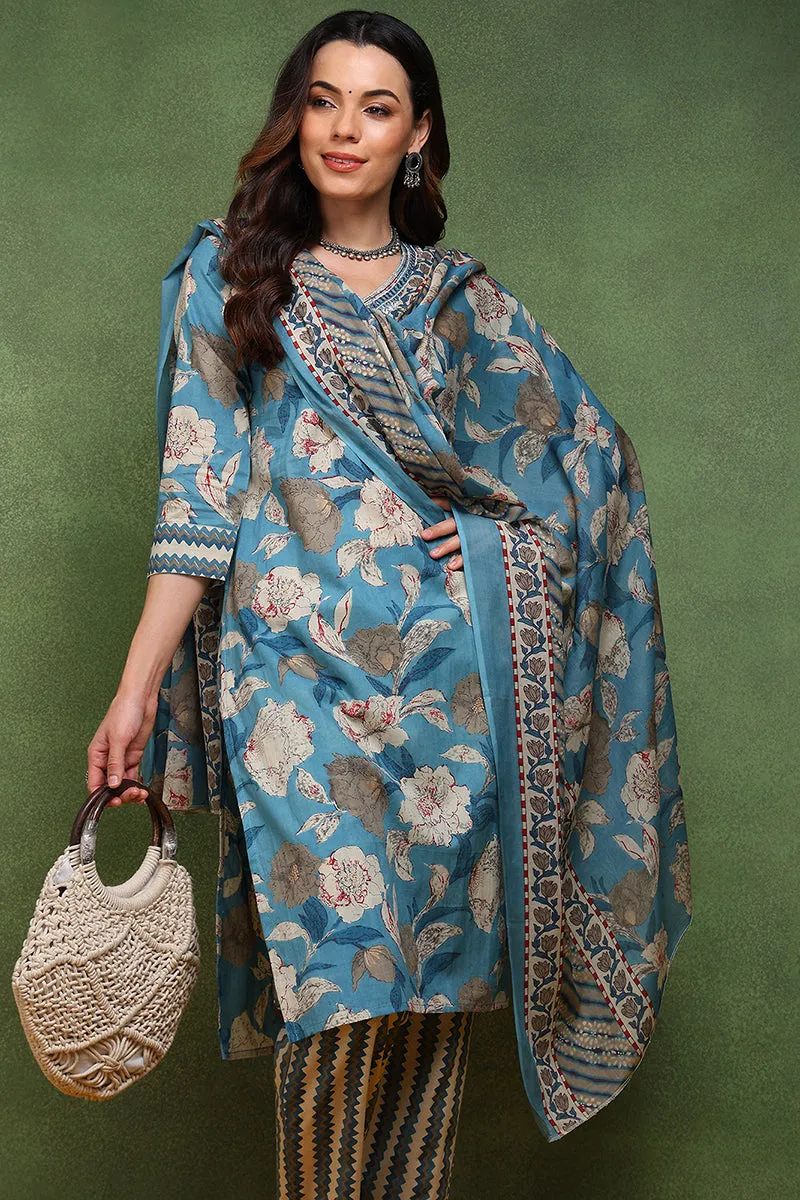 Blue Pure Cotton Floral Printed Straight Suit Set