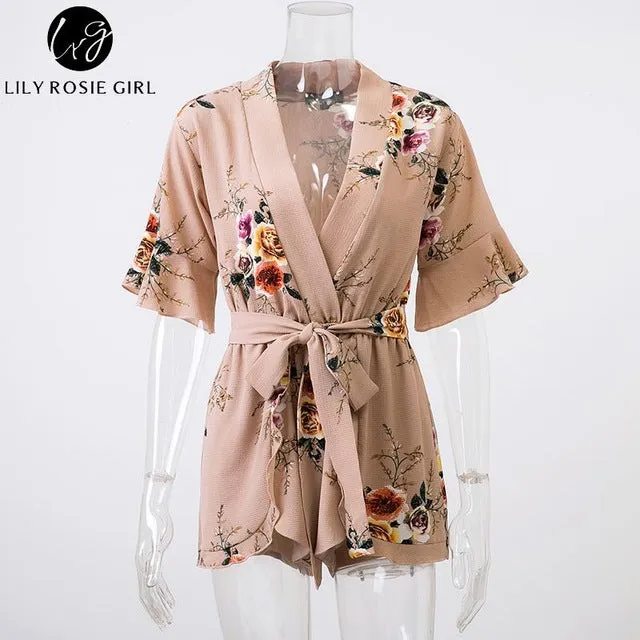 Boho Red Floral Print Ruffles Playsuits Women Elegant Autumn White V Neck Jumpsuits Rompers Sexy Beach Girls Short Overalls