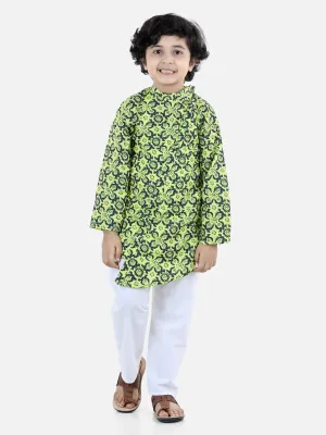 Boys Cotton Floral printed Asymmetric Front Open Kurta Pajama- Yellow