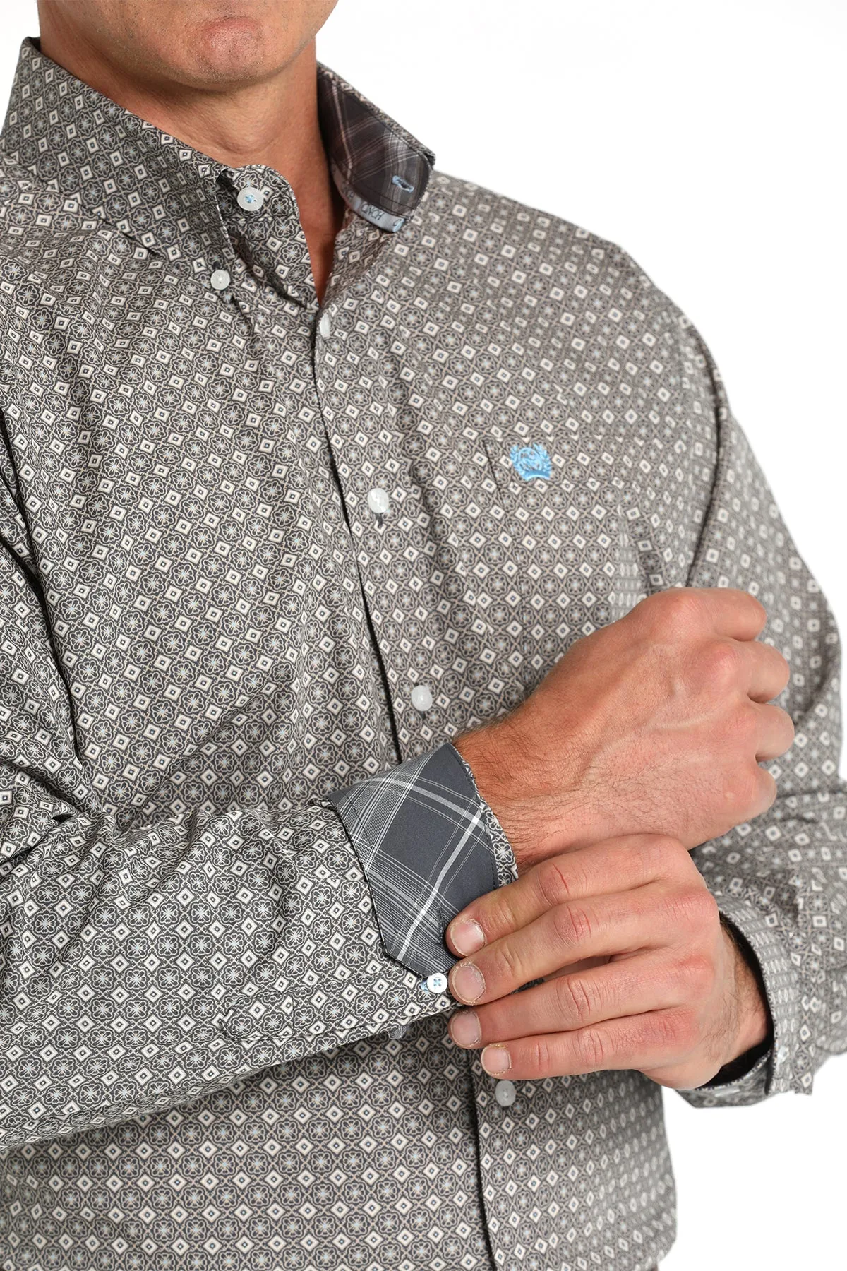 Cinch Gray & White Geometric Print Button-Down Shirt