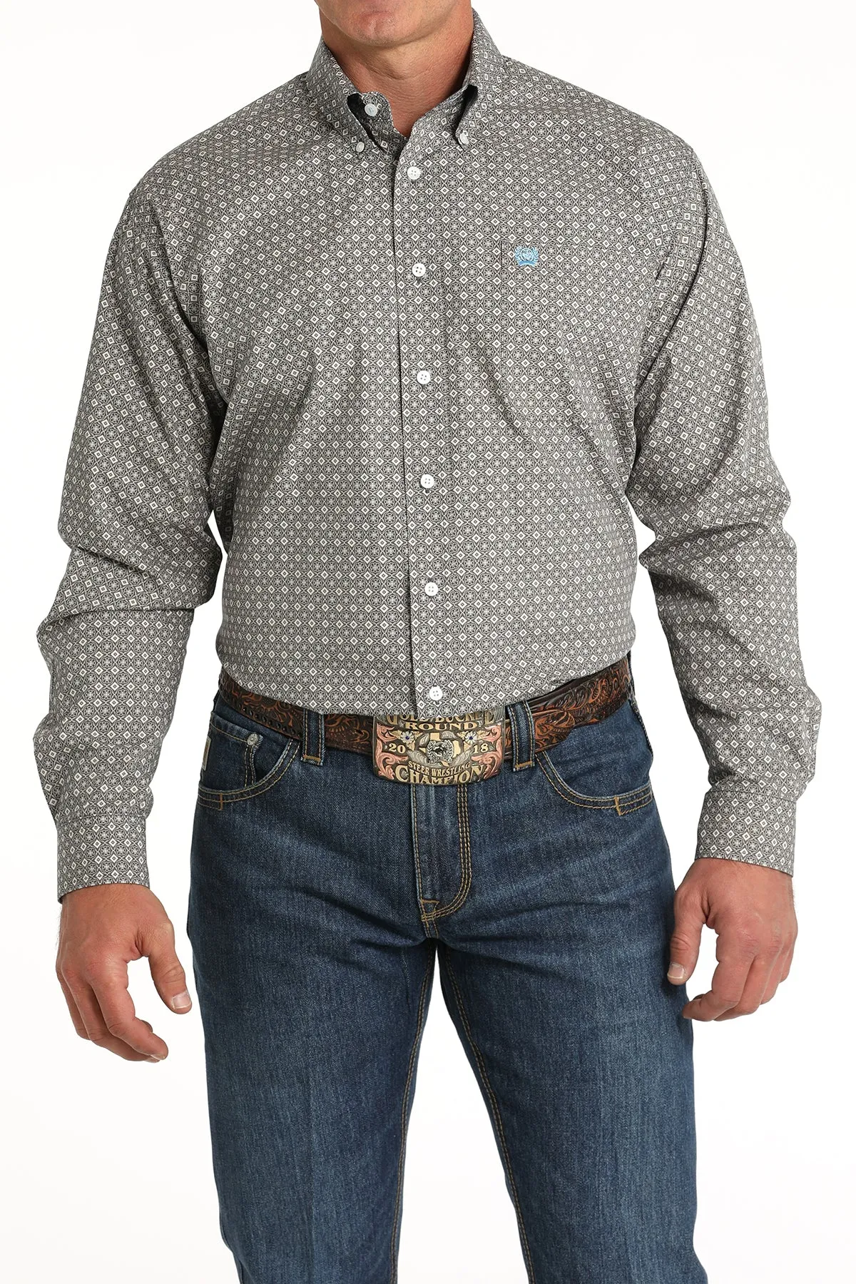 Cinch Gray & White Geometric Print Button-Down Shirt