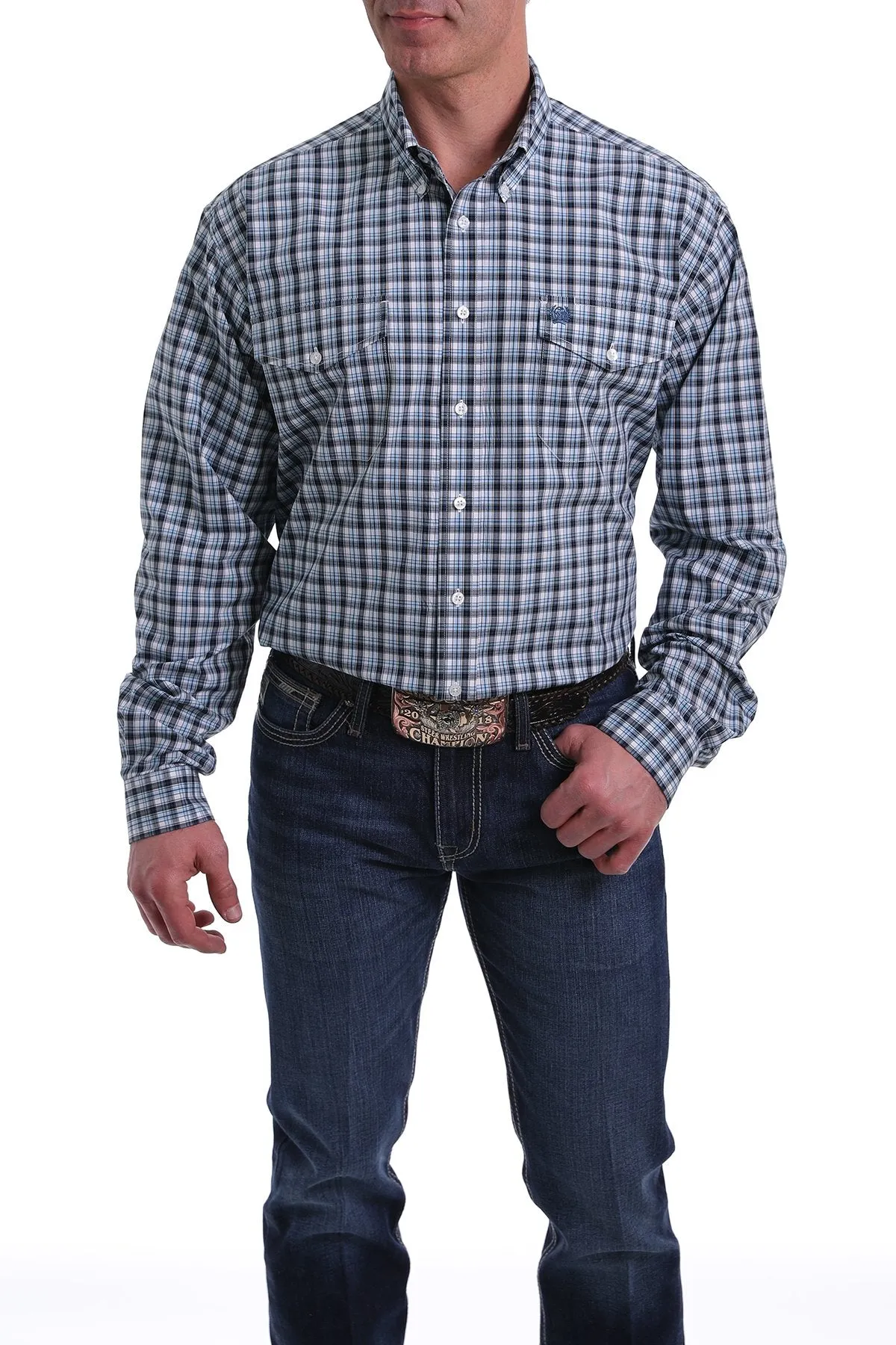 Cinch Mens L/S Shirt - Navy Blue Black and White Plaid