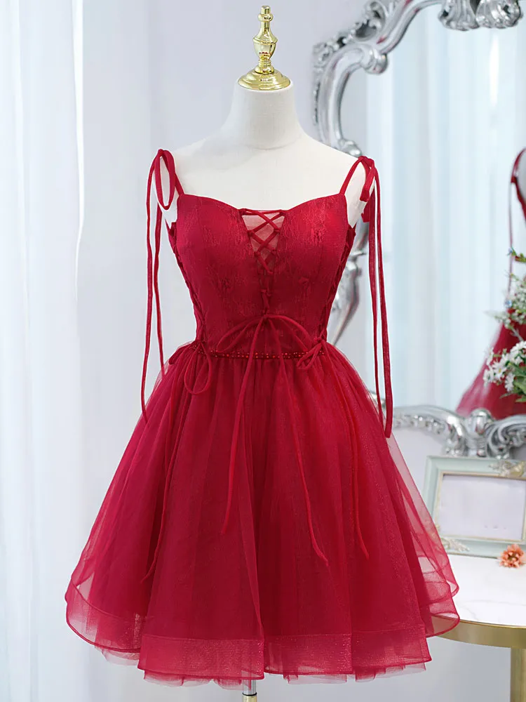 Cute Burgundy Tulle Lace Short Prom Dress Lace Burgundy Puffy Homecoming Dress