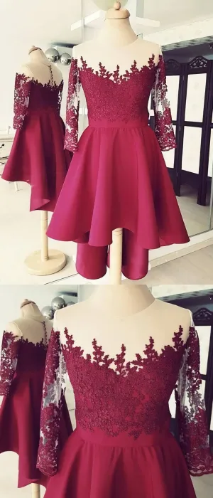 Cute High Low Lace Applique Burgundy Homecoming Dress Short Prom Dress E0744