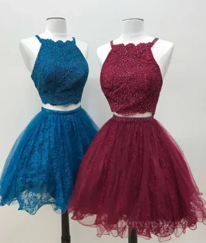 Cute two pieces lace tulle beads short prom dress lace homecoming dress