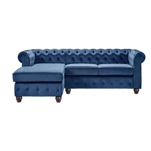 Eureka Solid Wood 4 Seater L Shape Fabric Chesterfield Sofa For Living - Blue