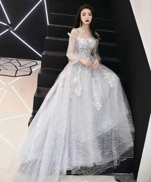 Gray Tulle Lace Long Prom Dress Gray Tulle Evening Dress 3