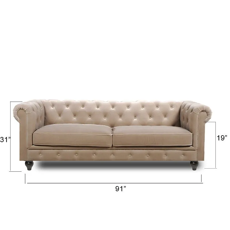 Hendrix Solid Wood 3 Seater Fabric Chesterfield Sofa for Living - Beige