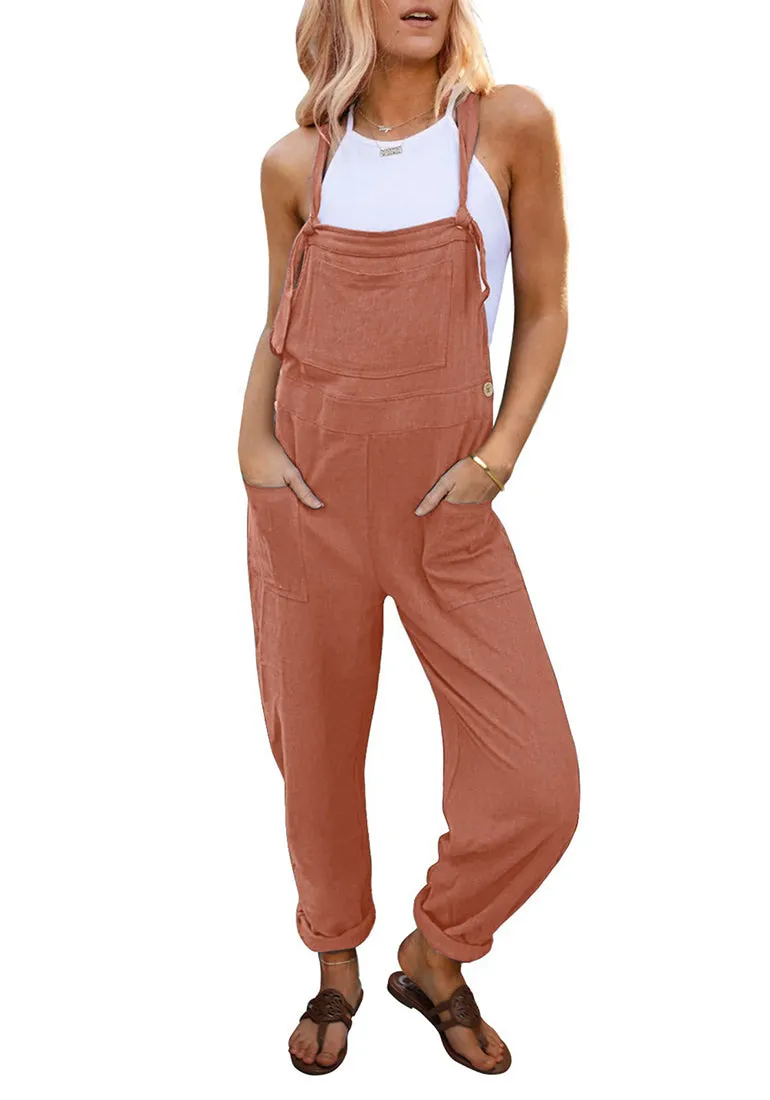 Mecca Orange Women's Casual Baggy Linen Overall Summer Pockets Bib Overalls