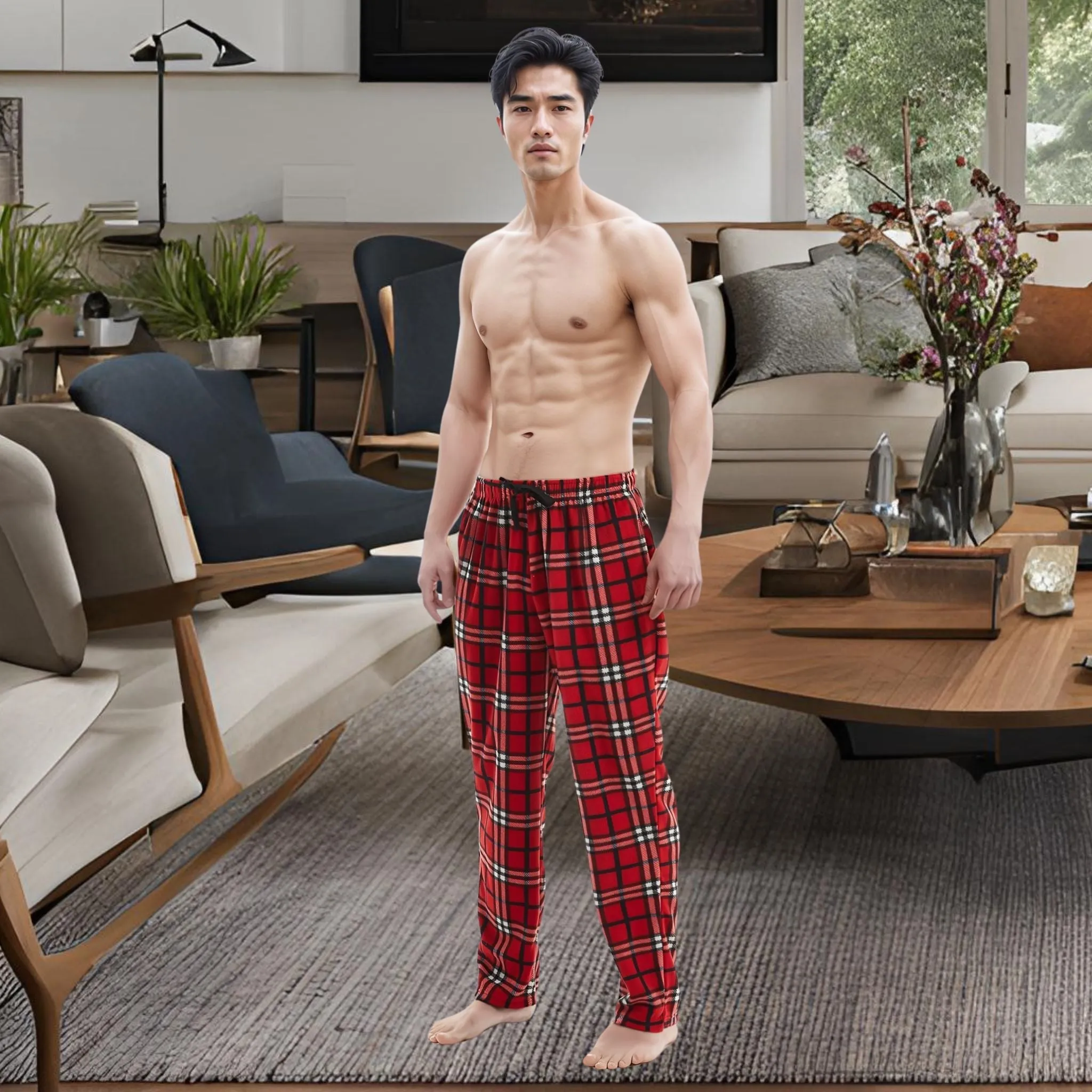 Men's Fleece Pajama Pants, Pyjama Bottoms Red, Black