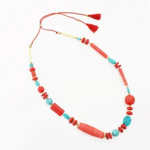 Mixed Stone and Bead Necklace in Red and Turquoise