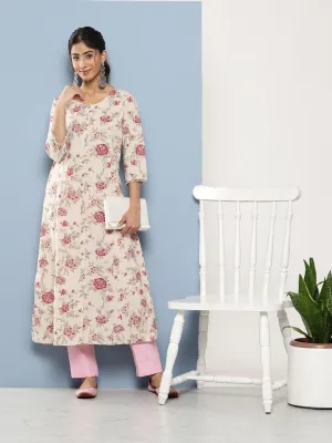 Off White Women Floral Printed Cotton Kurta