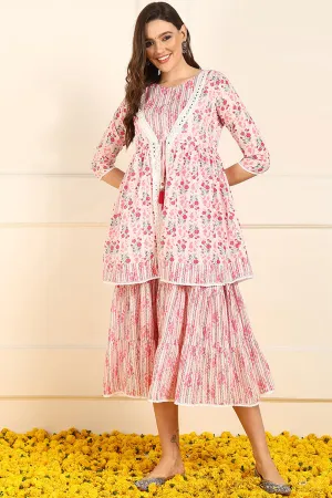 Pink Cotton Floral Printed Fit And Flare Ethnic Style Dress With Shrug