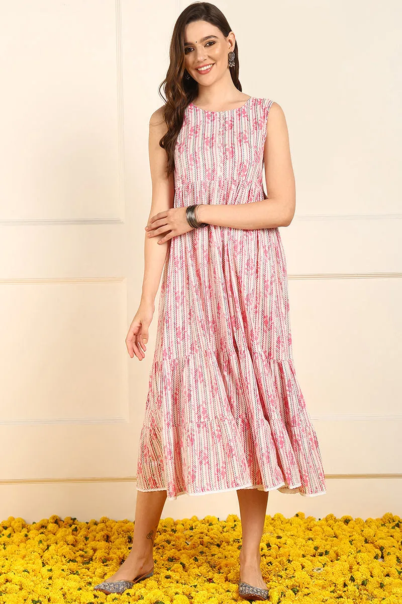 Pink Cotton Floral Printed Fit And Flare Ethnic Style Dress With Shrug