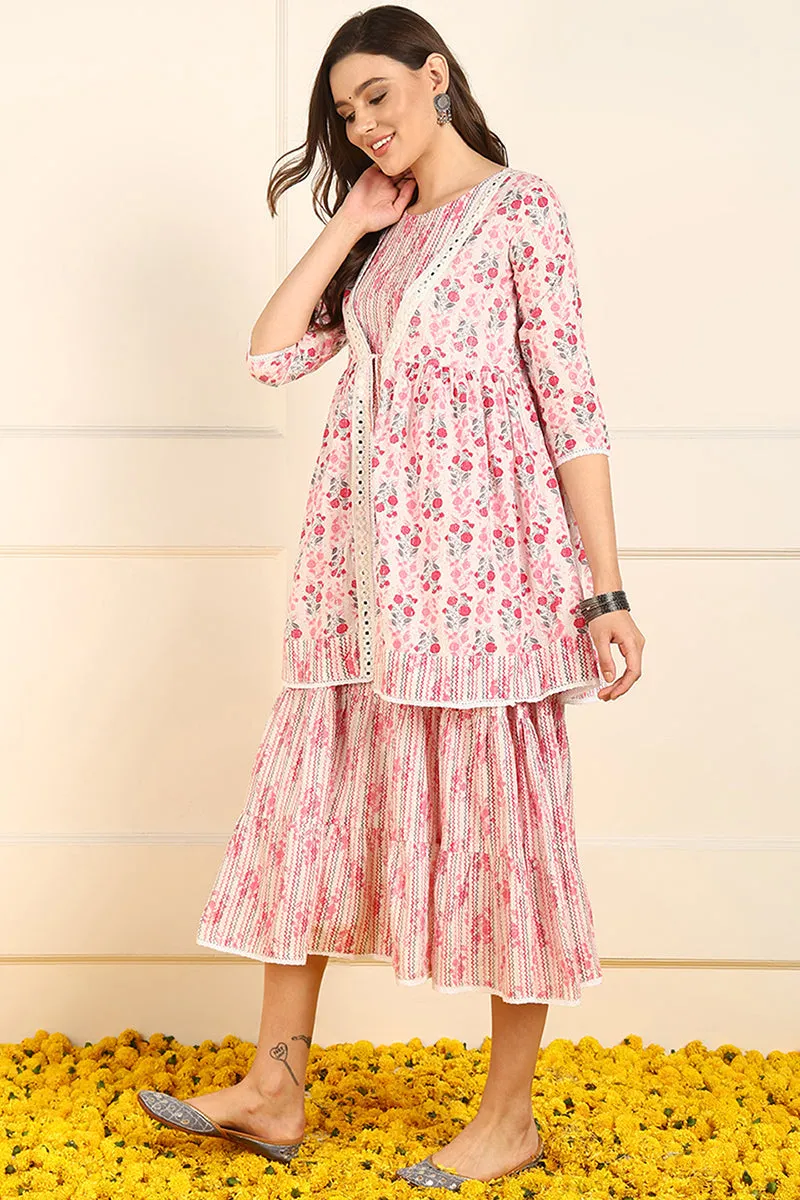 Pink Cotton Floral Printed Fit And Flare Ethnic Style Dress With Shrug