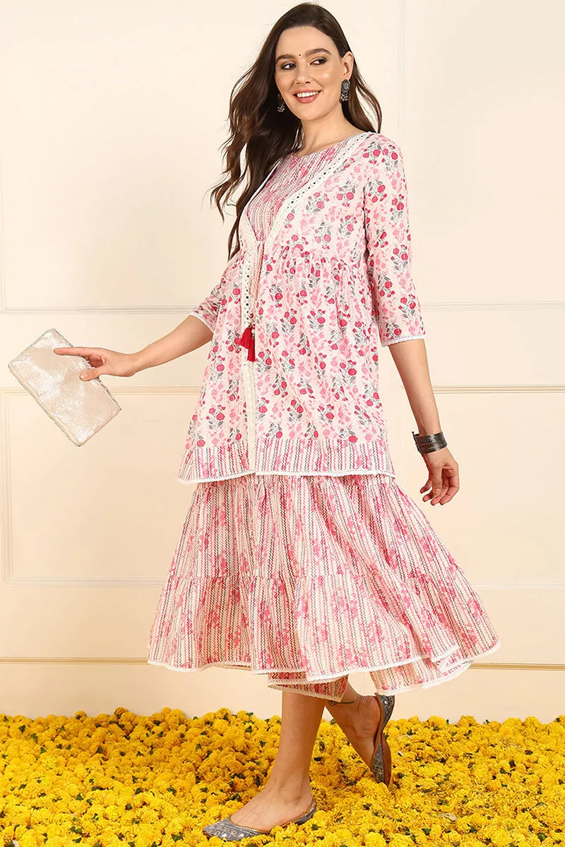 Pink Cotton Floral Printed Fit And Flare Ethnic Style Dress With Shrug