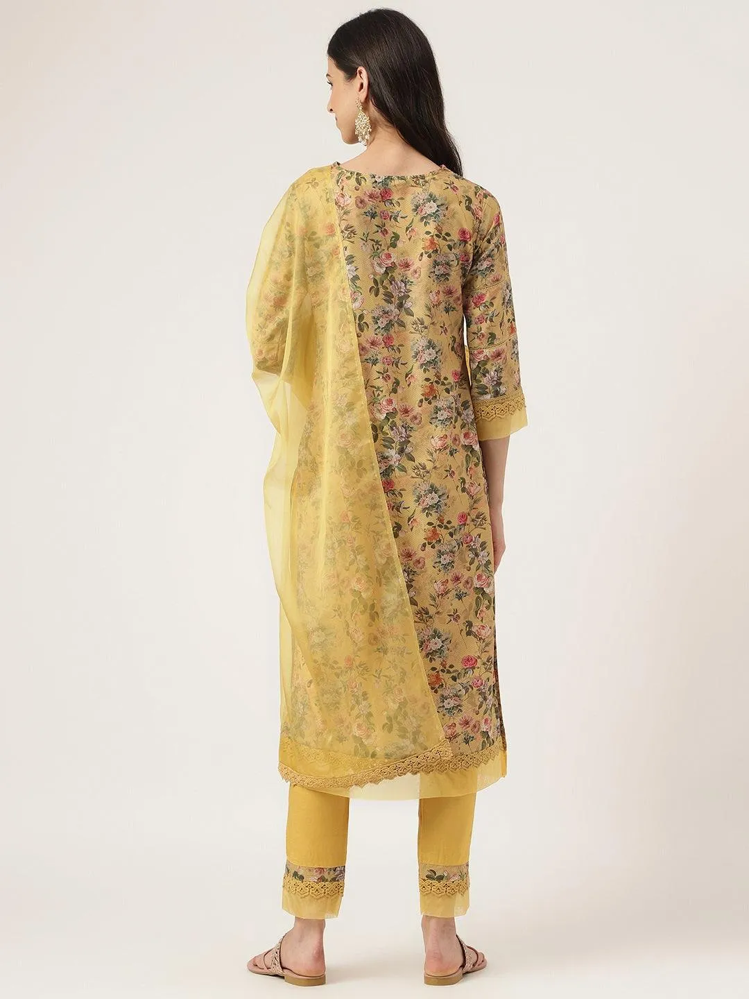 Poly Chanderi Floral Printed Kurta Pant Set With Organza Dupatta