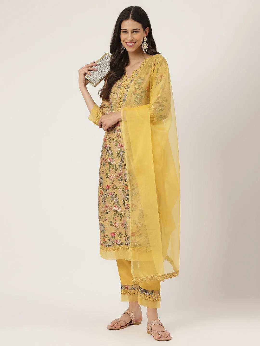 Poly Chanderi Floral Printed Kurta Pant Set With Organza Dupatta