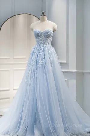 Sweetheart Neck Light Blue Lace Tulle Long Prom Dress Light Blue Lace Formal Graduation Evening Dress