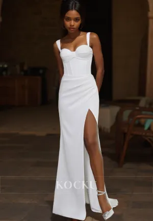 Sweetheart Spaghetti Straps Sheath Wedding Dress Sleeveless High Slit Satin Bridal Gowns with Train