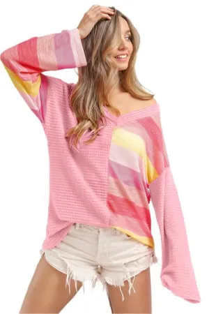 TEEK - Pink Striped Contrast Waffle Top