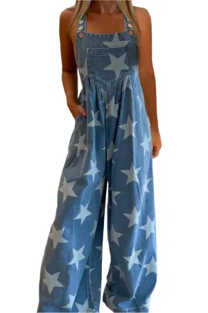 TEEK - Star Square Neck Wide Leg Denim Overalls