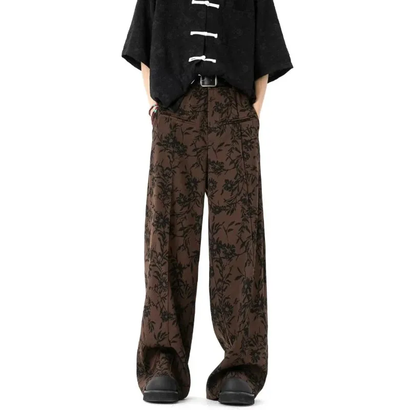 Toleet-2024 Casual Retro Mens Pants Japanese Street Harajuku Printed Straight Leg Trousers Big Pocket Fashion Wide Legs Overalls New