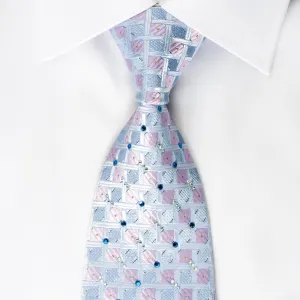 TSL Rhinestone Silk Tie Pink Checker On Blue With Silver Sparkles