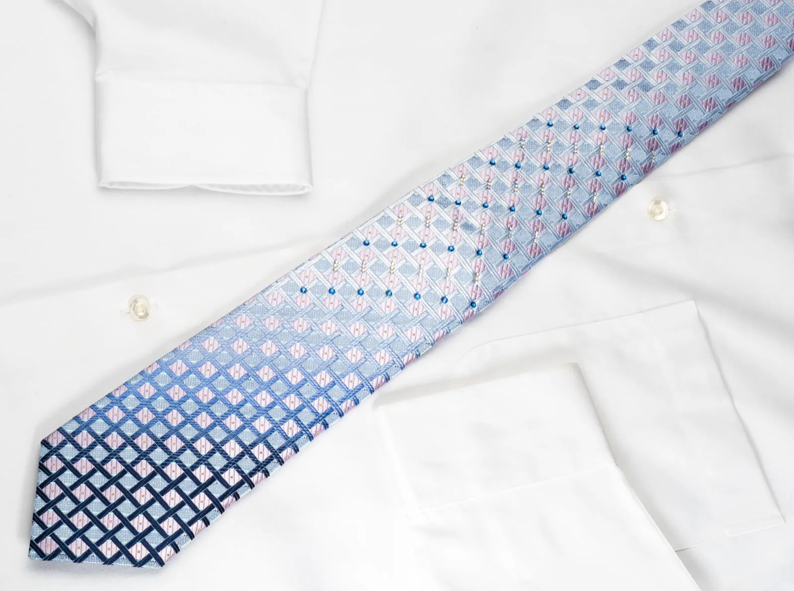 TSL Rhinestone Silk Tie Pink Checker On Blue With Silver Sparkles