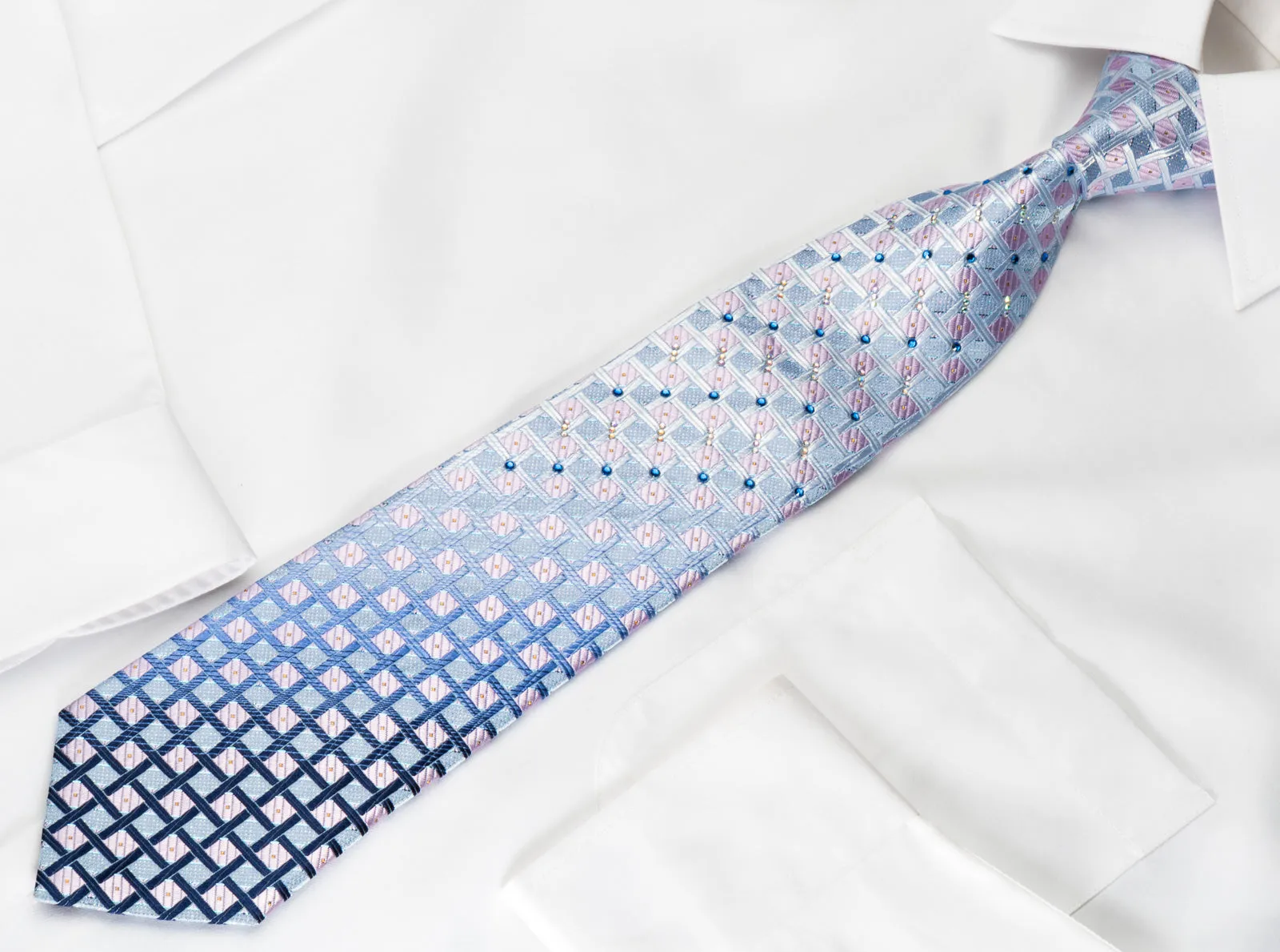 TSL Rhinestone Silk Tie Pink Checker On Blue With Silver Sparkles