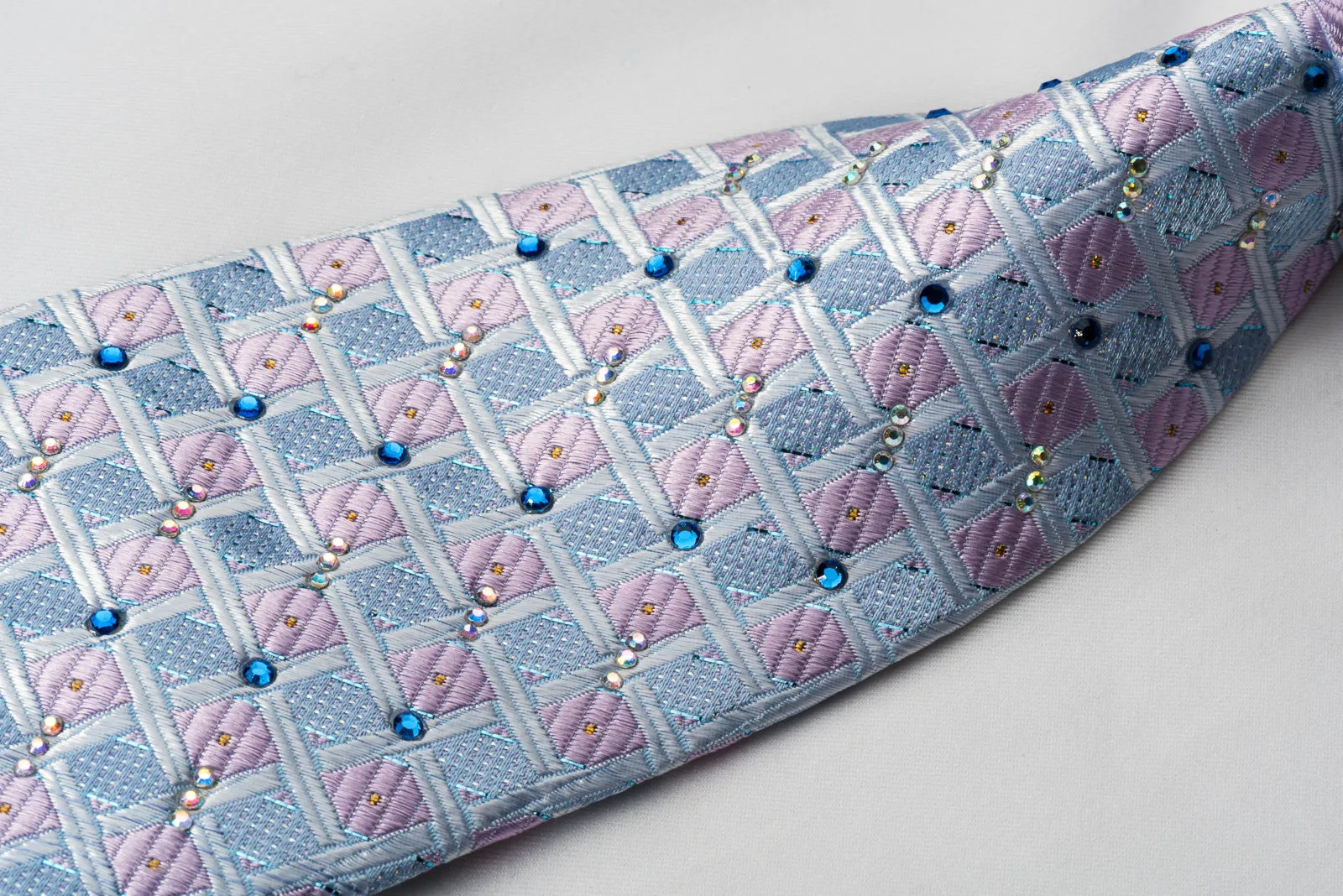 TSL Rhinestone Silk Tie Pink Checker On Blue With Silver Sparkles