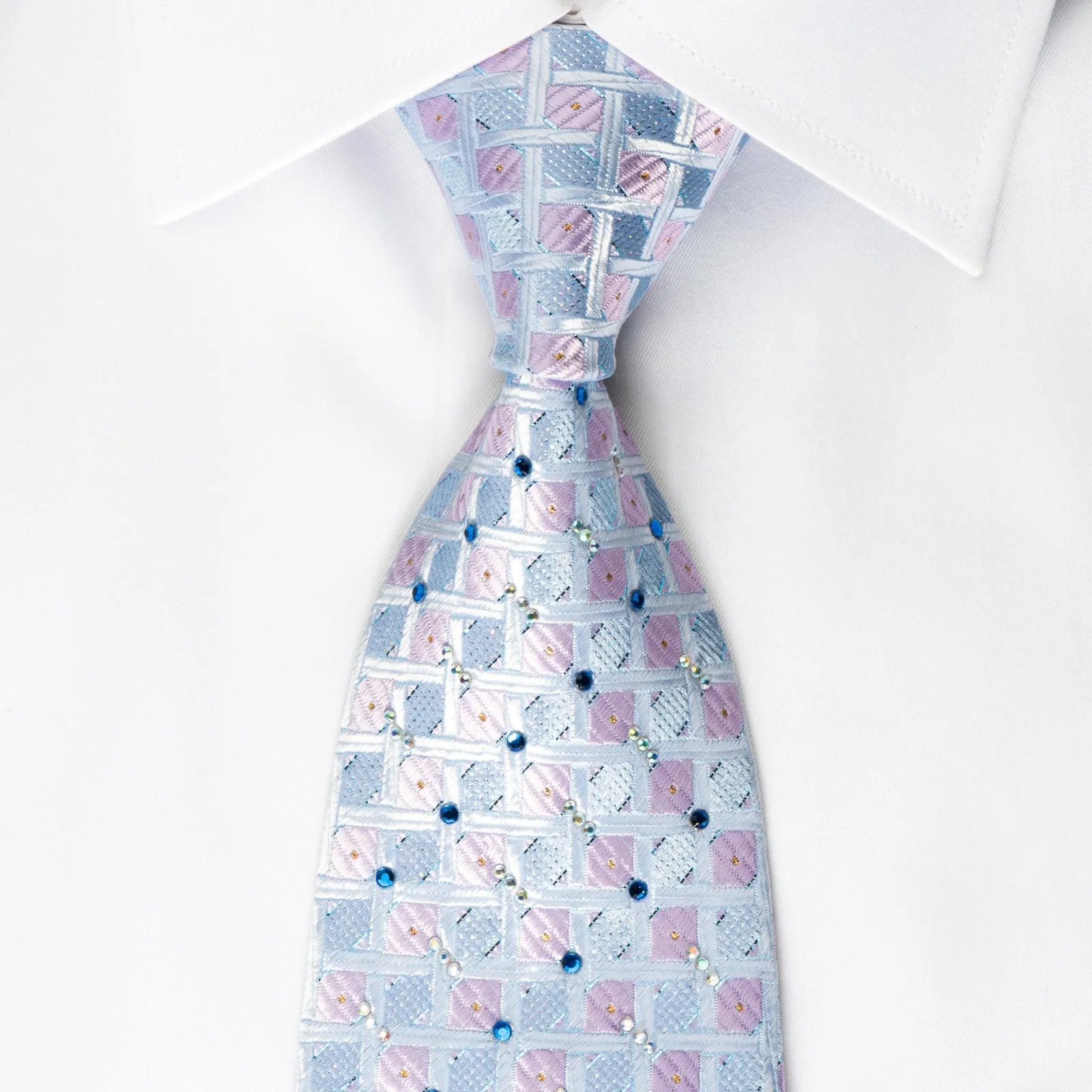 TSL Rhinestone Silk Tie Pink Checker On Blue With Silver Sparkles