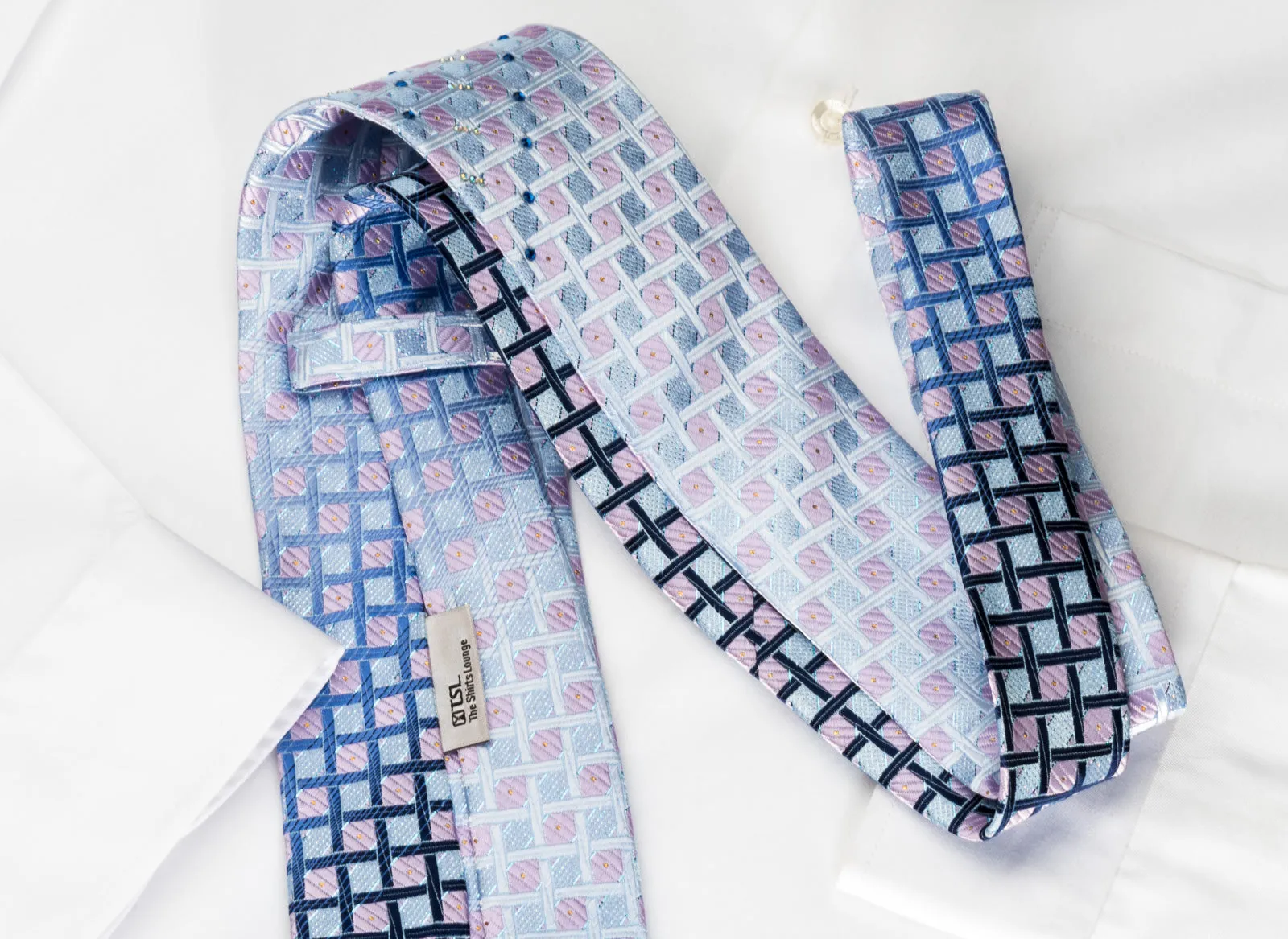 TSL Rhinestone Silk Tie Pink Checker On Blue With Silver Sparkles