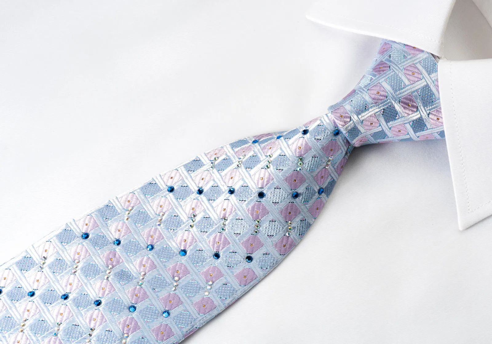 TSL Rhinestone Silk Tie Pink Checker On Blue With Silver Sparkles