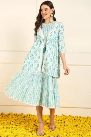 Turquoise Blue Cotton Floral Printed Fit And Flare Ethnic Style Dress With Shrug