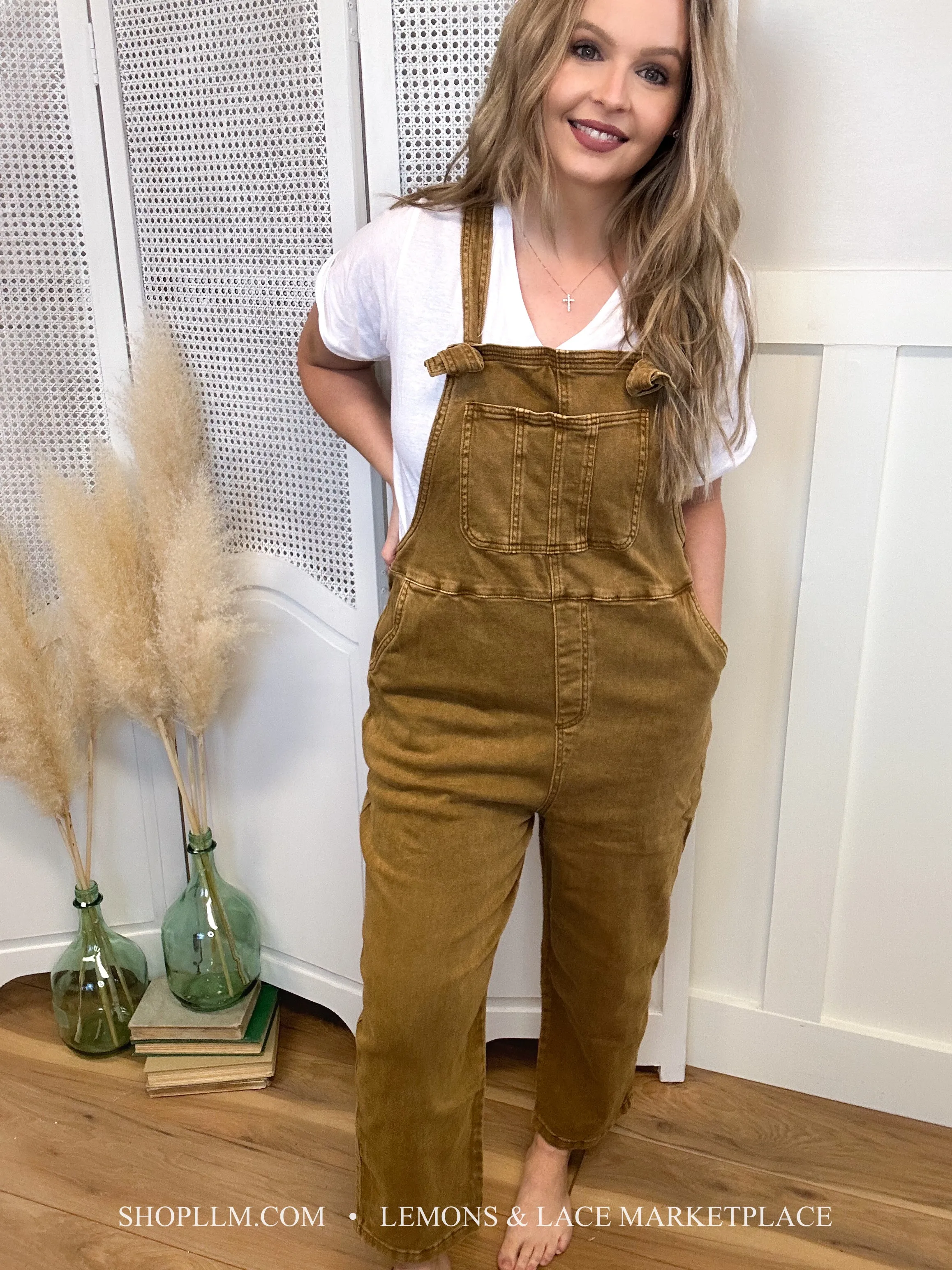 Washed Knot Strapped Relaxed Overalls