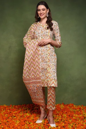 White And Yellow Pure Cotton Floral Printed Straight Suit Set