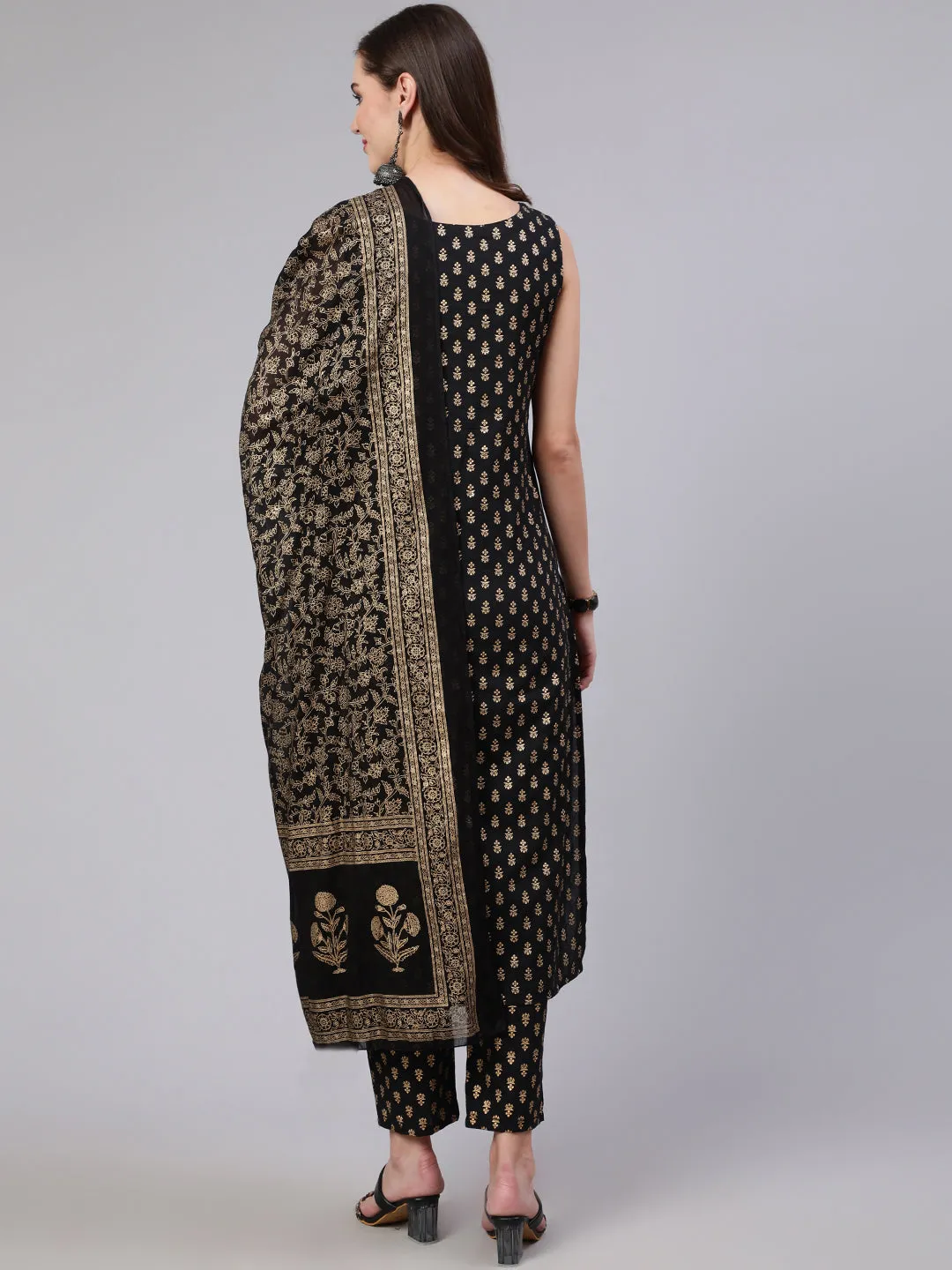 Women Black Printed Straight Kurta With Trouser And Dupatta