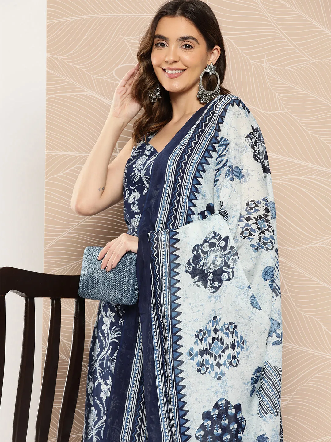 Women Blue Paisely Printed Straight Kurta With Trouser And Dupatta